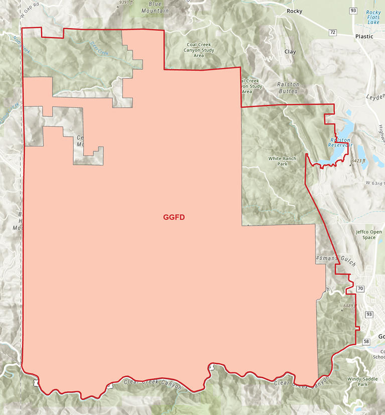 A digital map displaying the boundary of GGFD in a shaded pink area with a red outline. The surrounding landscape includes various geographical features such as mountains, parks, canyons, and reservoirs.